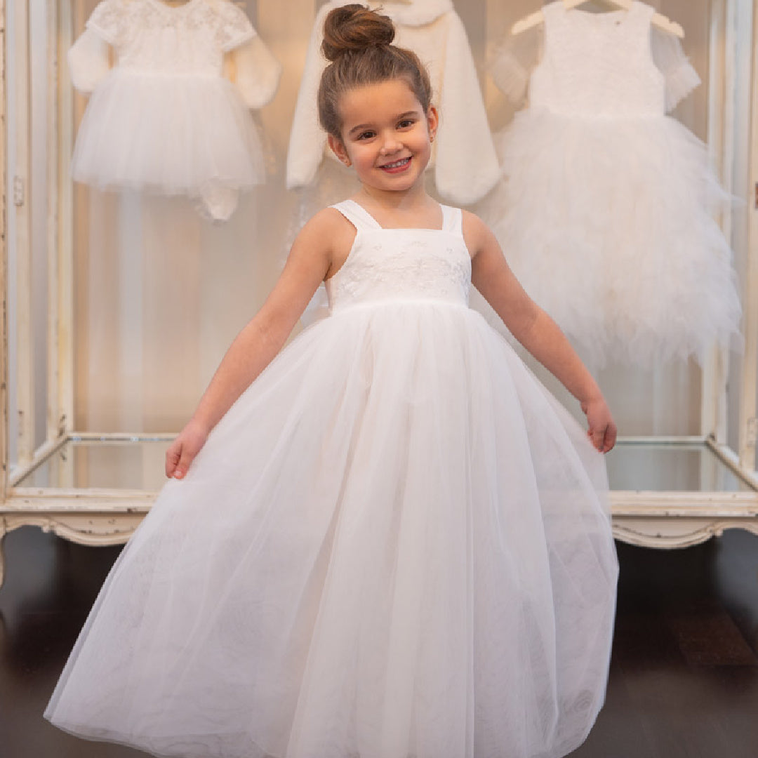 BEBE EMBROIDERED BODICE TULLE DRESS