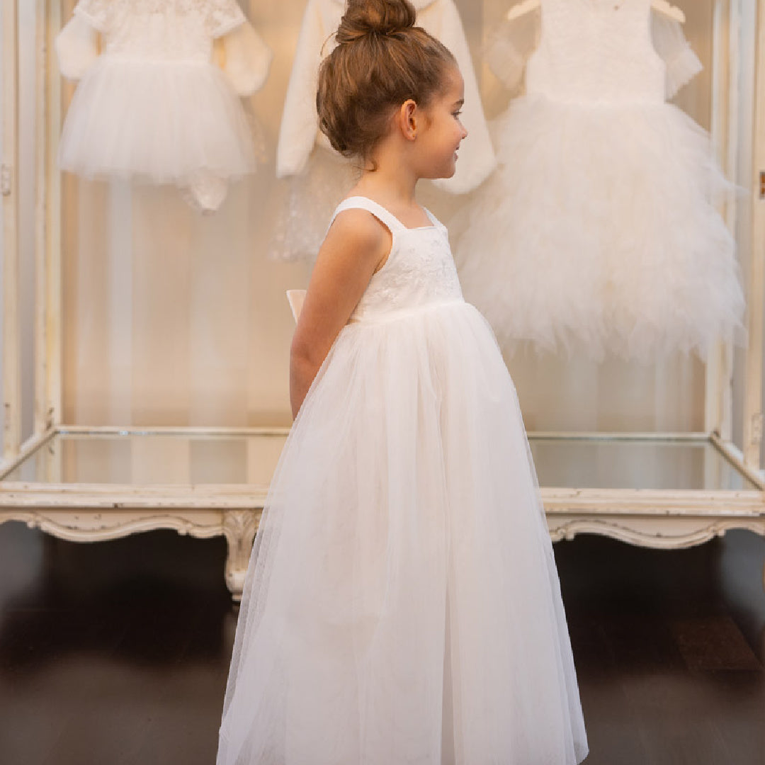 BEBE EMBROIDERED BODICE TULLE DRESS