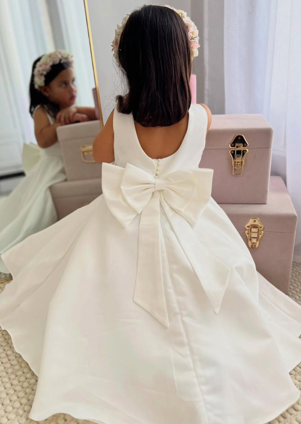 BEBE IVORY DUCHESS SATIN FULL LENGTH DRESS WITH LOW BACK