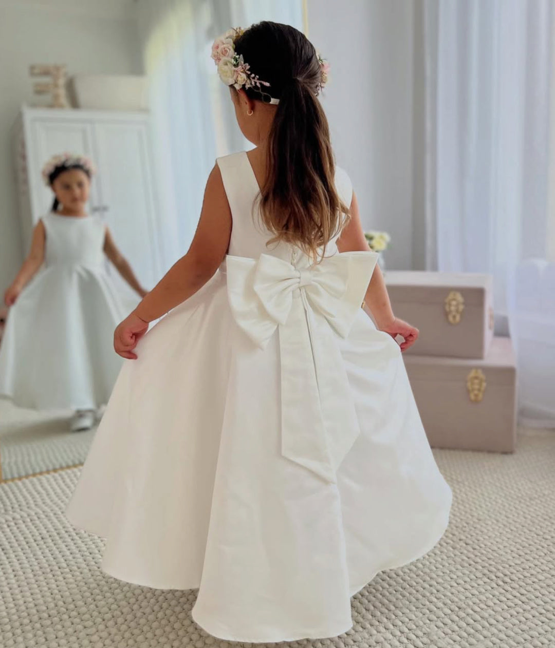 BEBE IVORY DUCHESS SATIN FULL LENGTH DRESS WITH LOW BACK