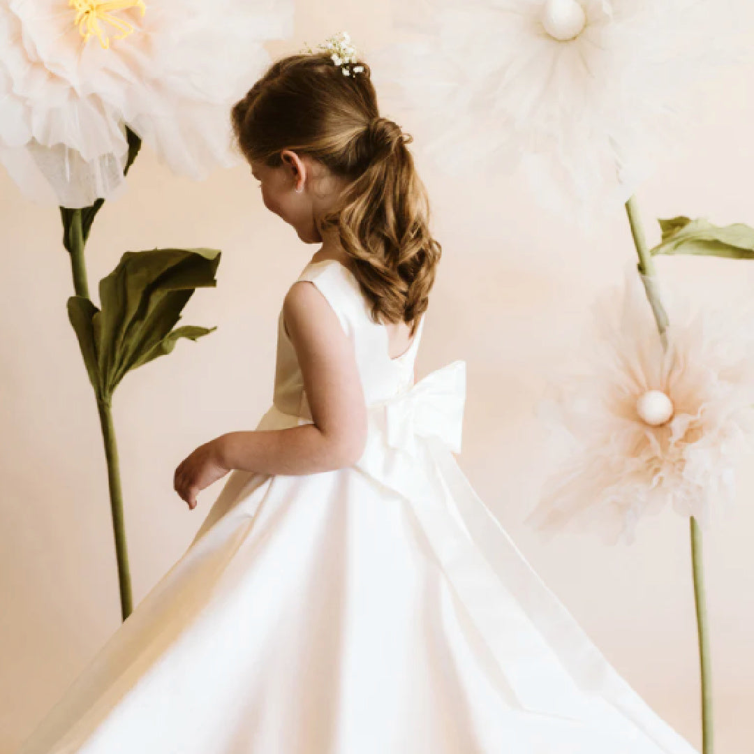 BEBE IVORY DUCHESS SATIN FULL LENGTH DRESS WITH LOW BACK