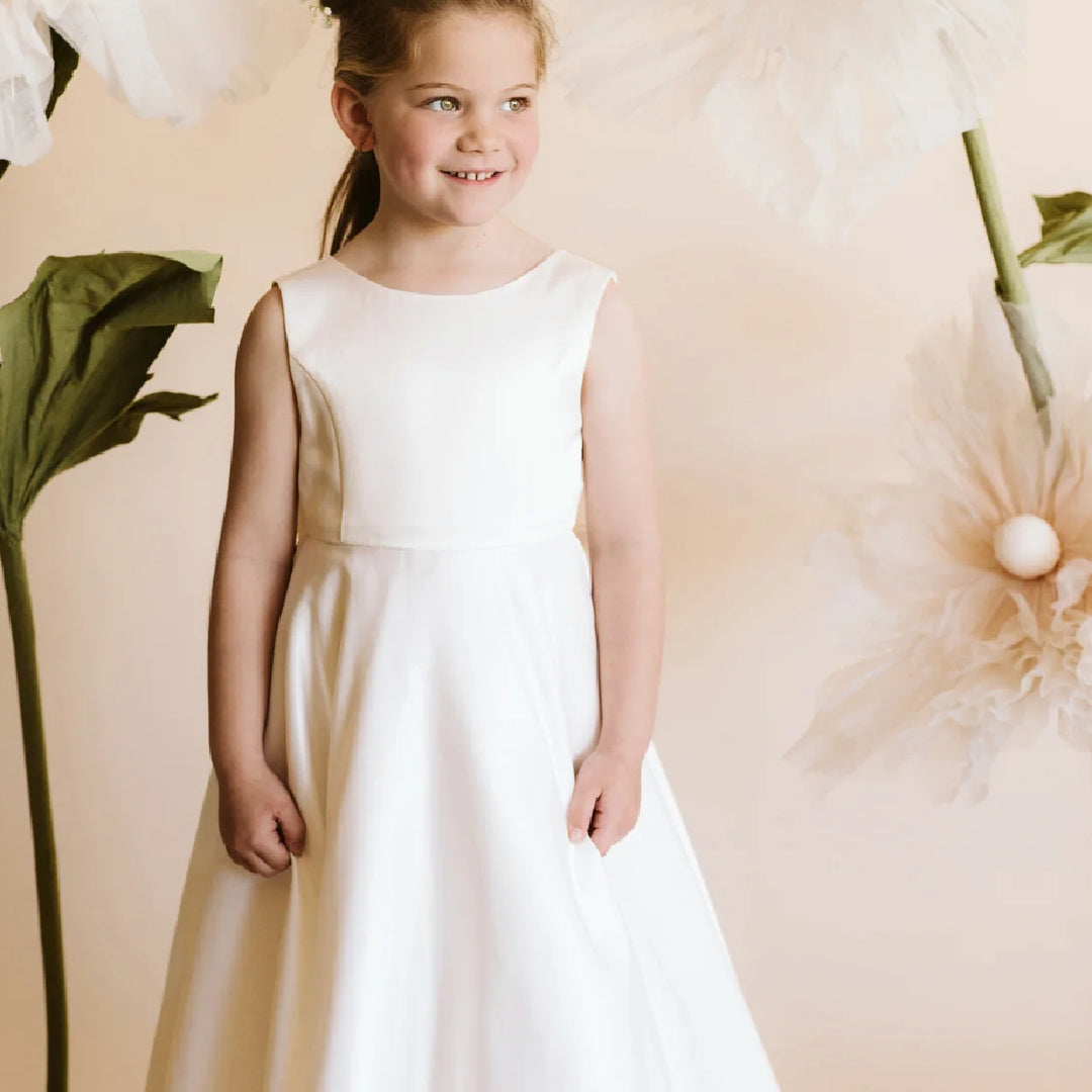 BEBE IVORY DUCHESS SATIN FULL LENGTH DRESS WITH LOW BACK