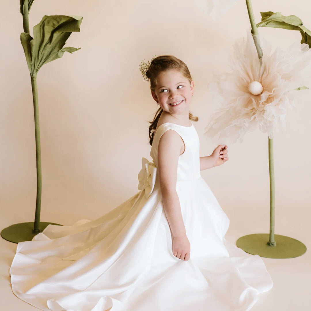 BEBE IVORY DUCHESS SATIN FULL LENGTH DRESS WITH LOW BACK
