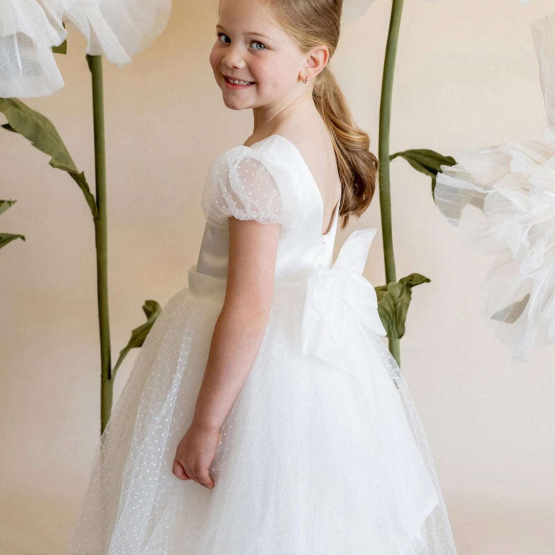 BEBE IVORY SPOT PUFF SLEEVE DRESS WTH BACK BOW