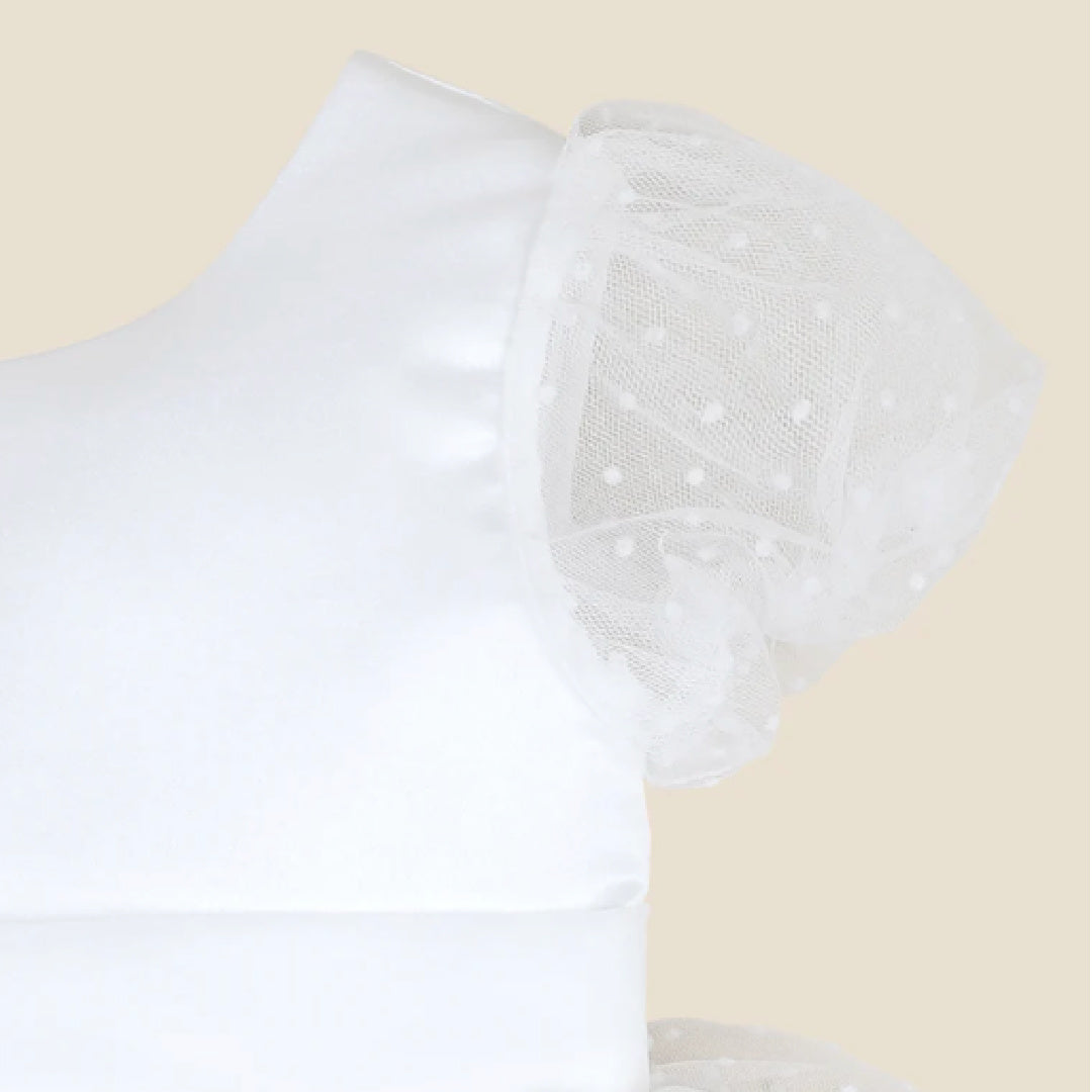 BEBE IVORY SPOT PUFF SLEEVE DRESS WTH BACK BOW