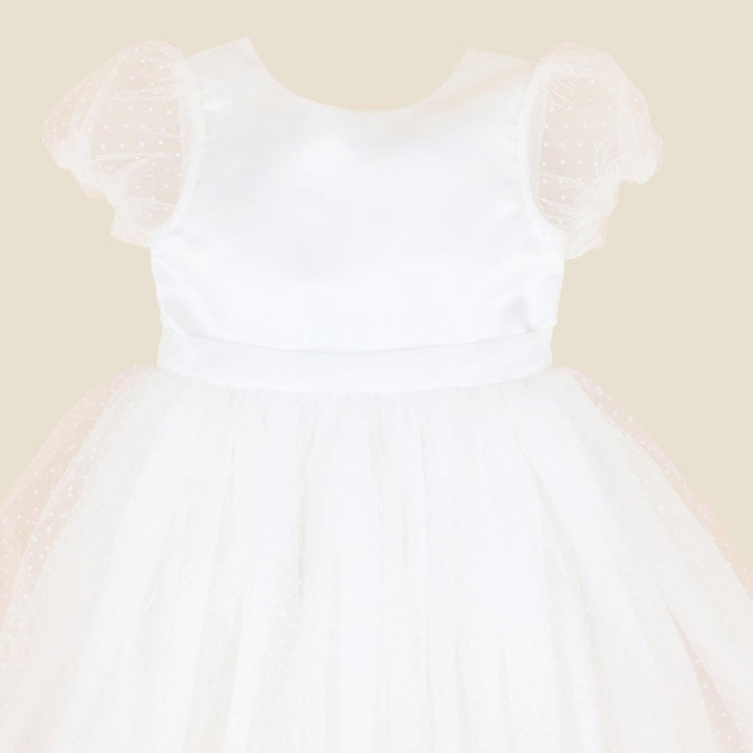 BEBE IVORY SPOT PUFF SLEEVE DRESS WTH BACK BOW