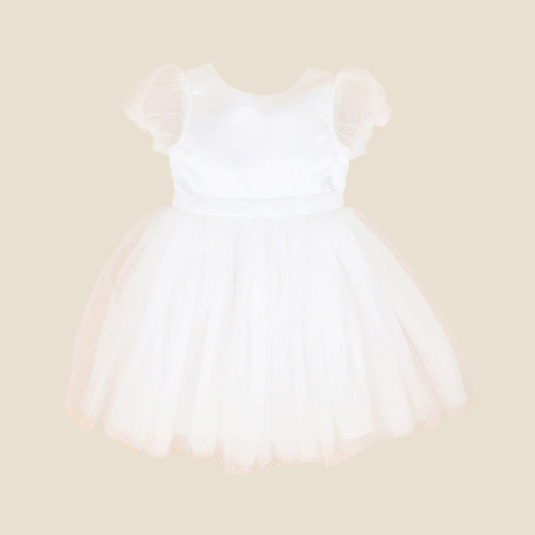 BEBE IVORY SPOT PUFF SLEEVE DRESS WTH BACK BOW