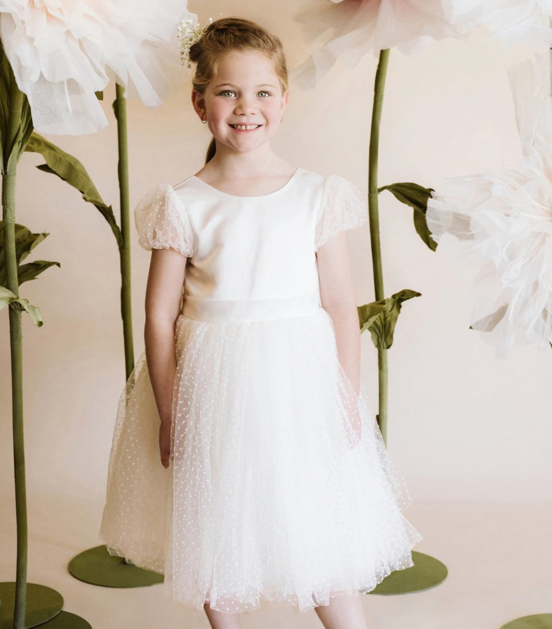 BEBE IVORY SPOT PUFF SLEEVE DRESS WTH BACK BOW