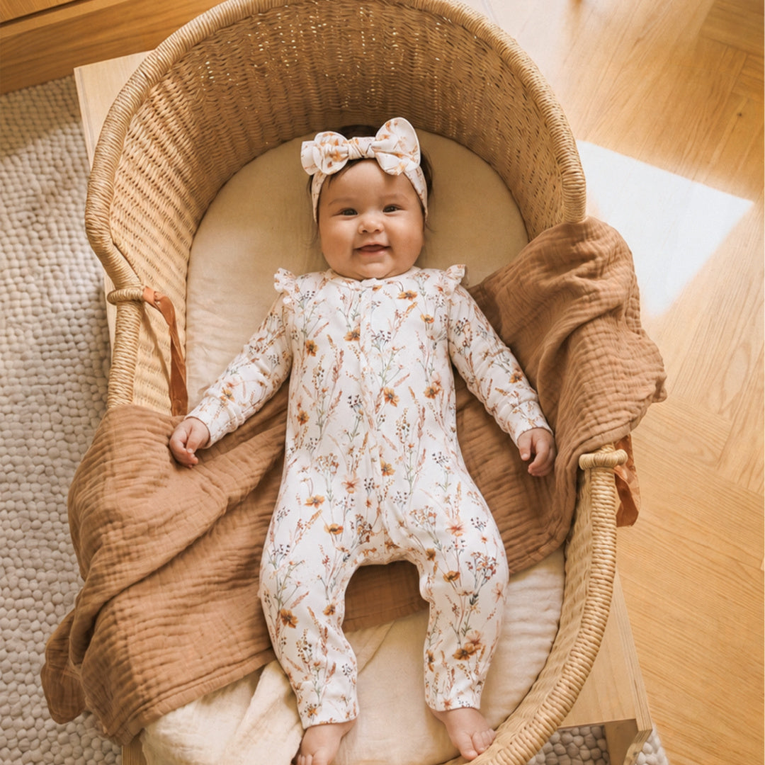 BEBE TAYLOR ORGANIC FLORAL LS ZIPSUIT