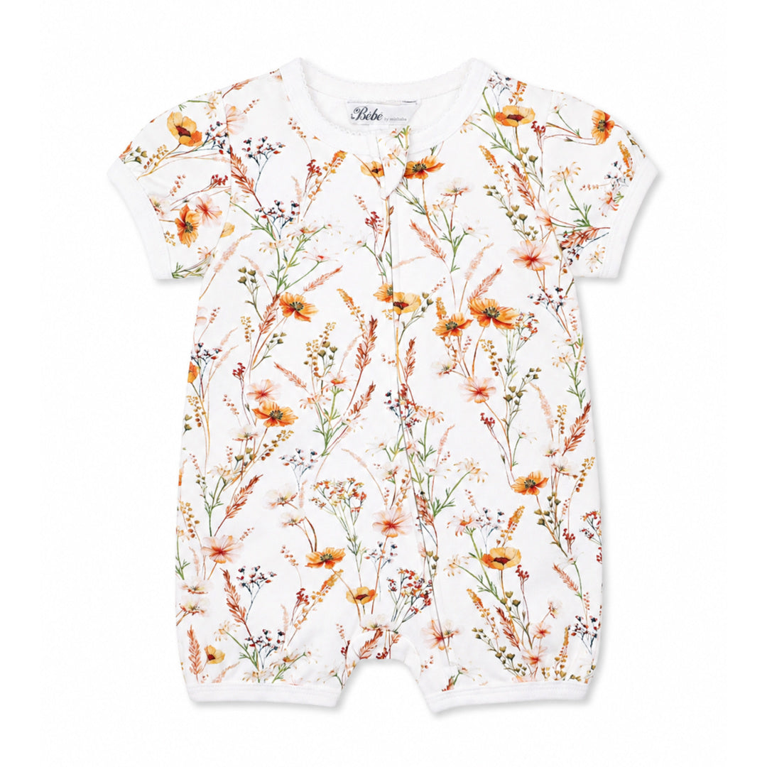 BEBE TAYLOR ORGANIC FLORAL SS ZIP ROMPER