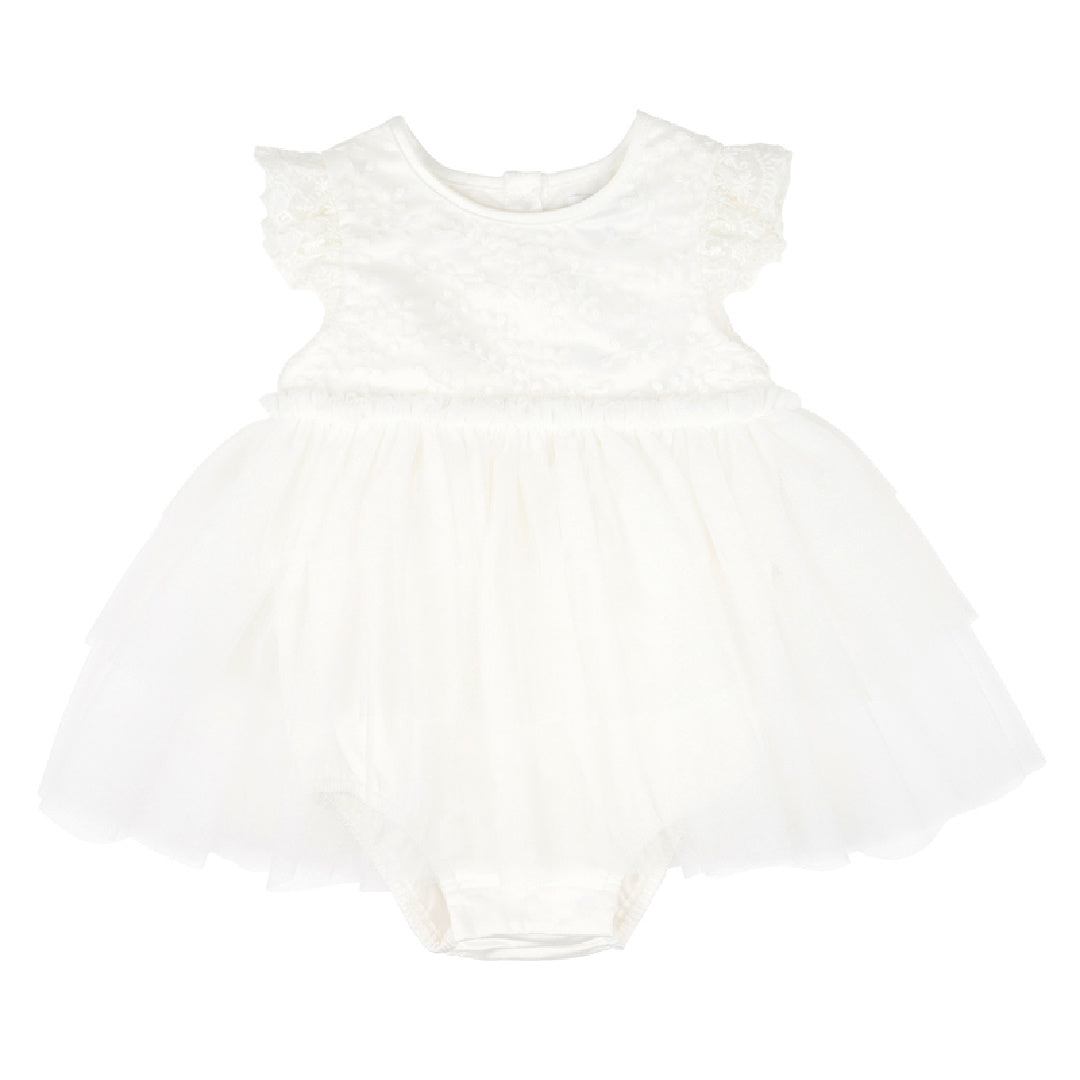 BEBE TIERED TULLE OVERLAY DRESS