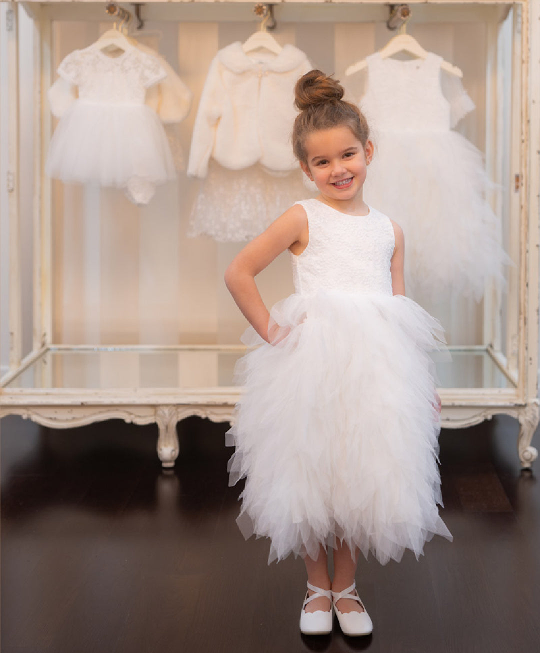 BEBE WATERFALL TULLE DRESS