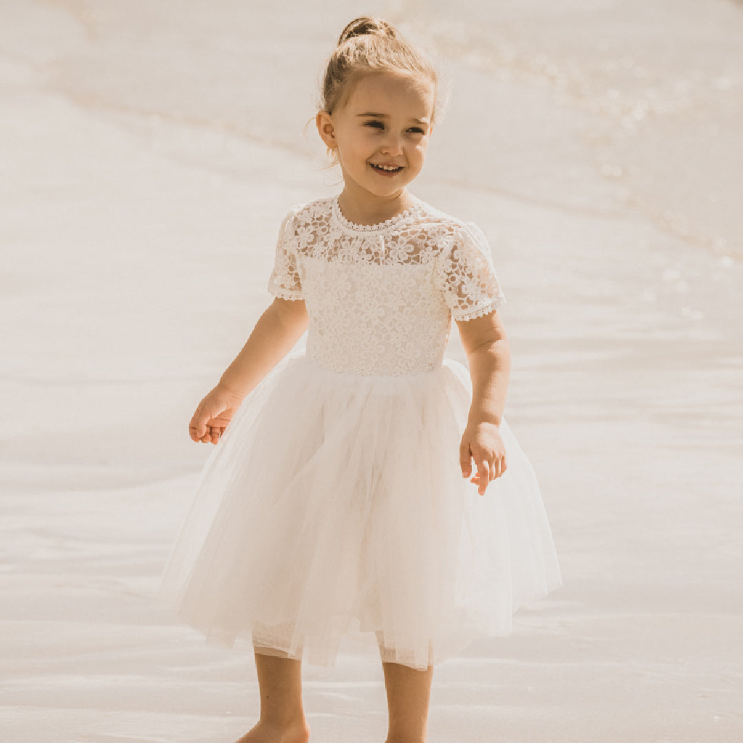 BEBE LACE BODICE WITH BACK BOW DRESS
