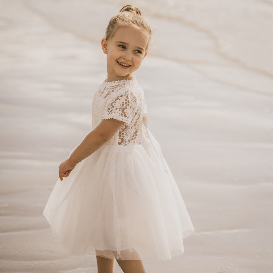 BEBE LACE BODICE WITH BACK BOW DRESS