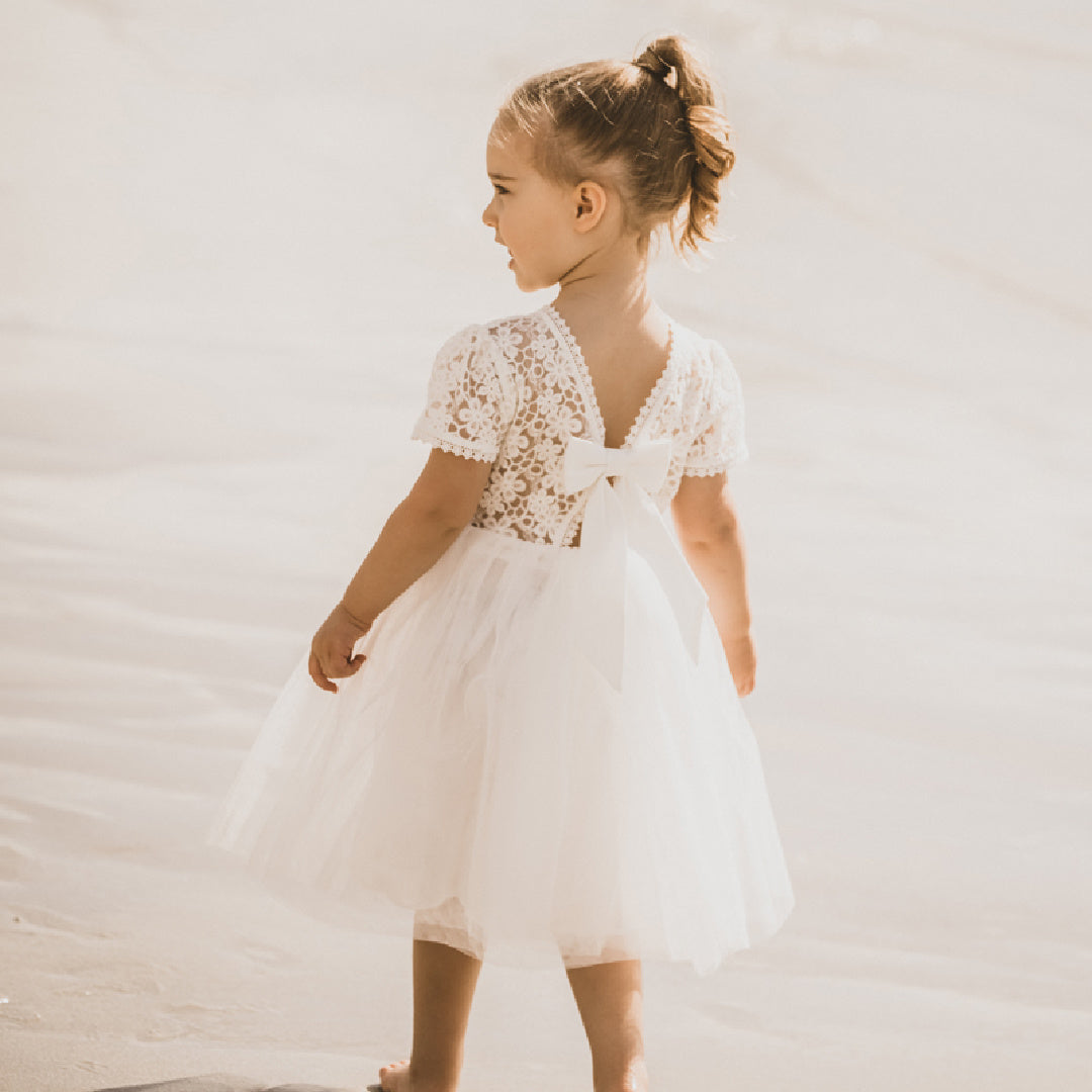 BEBE LACE BODICE WITH BACK BOW DRESS