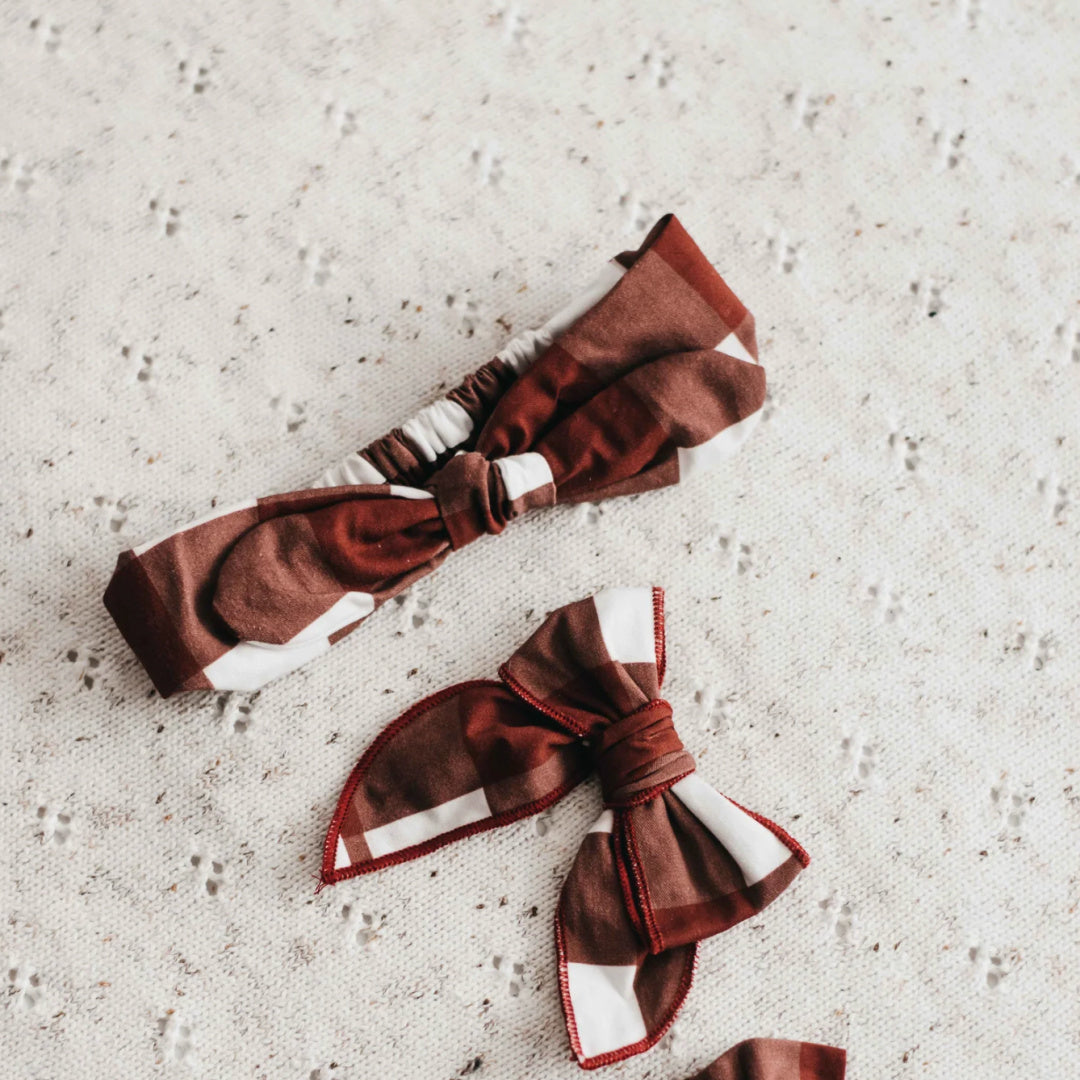 BENCER &amp; HAZELNUT BOW CLIP/HEADBAND - RED GINGHAM