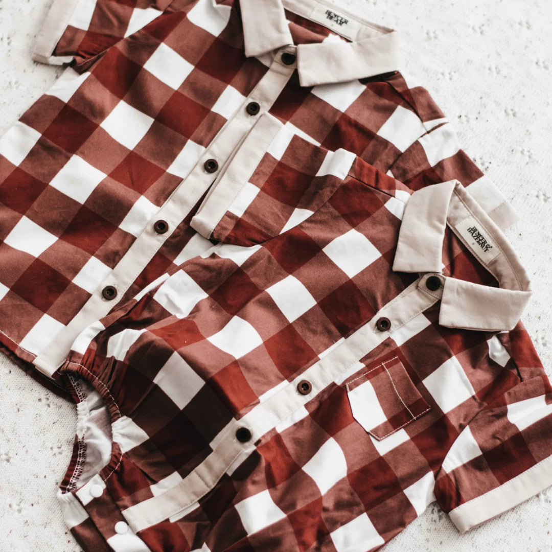 BENCER &amp; HAZELNUT BOYS GINGHAM COLLARED ROMPER / SHIRT