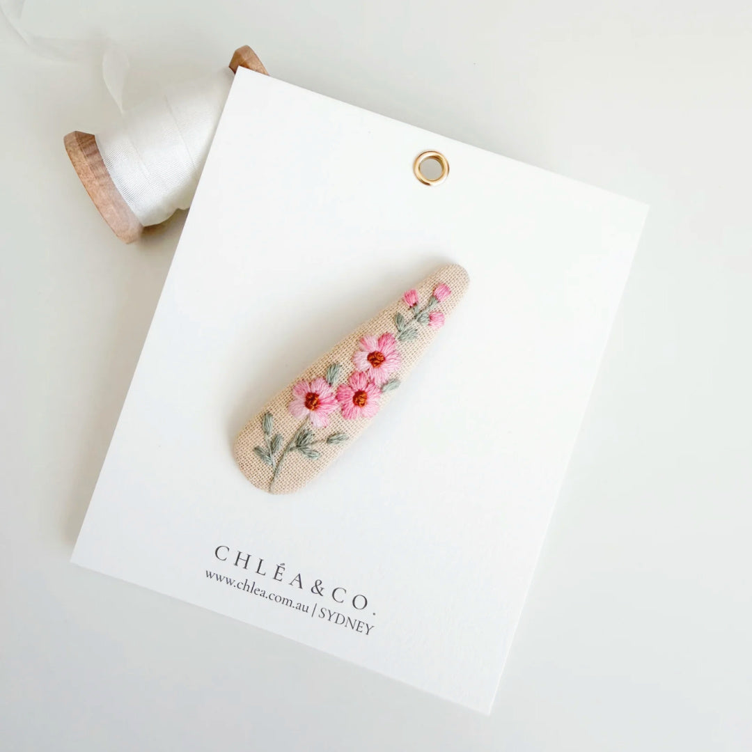 Chléa &amp; Co Embroidered Hair Clip |  Dainty Pink Flower