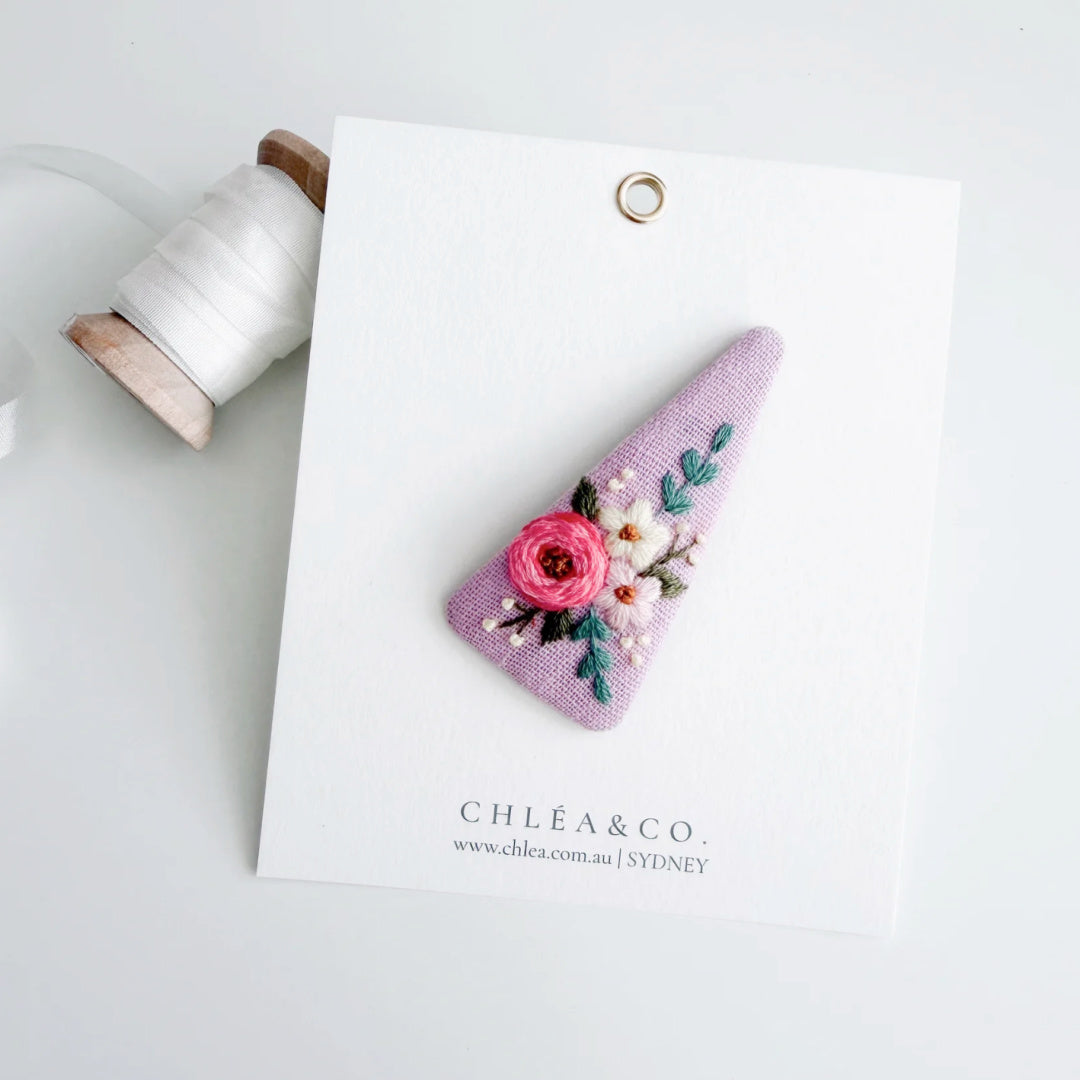 Chléa &amp; Co Embroidered Hair Clip | Rose On Purple Linen