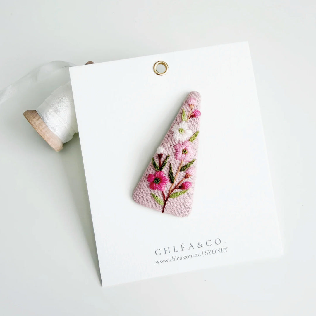 Chléa &amp; Co Embroidered Hair Clip | Spring Flowers On Pink Linen