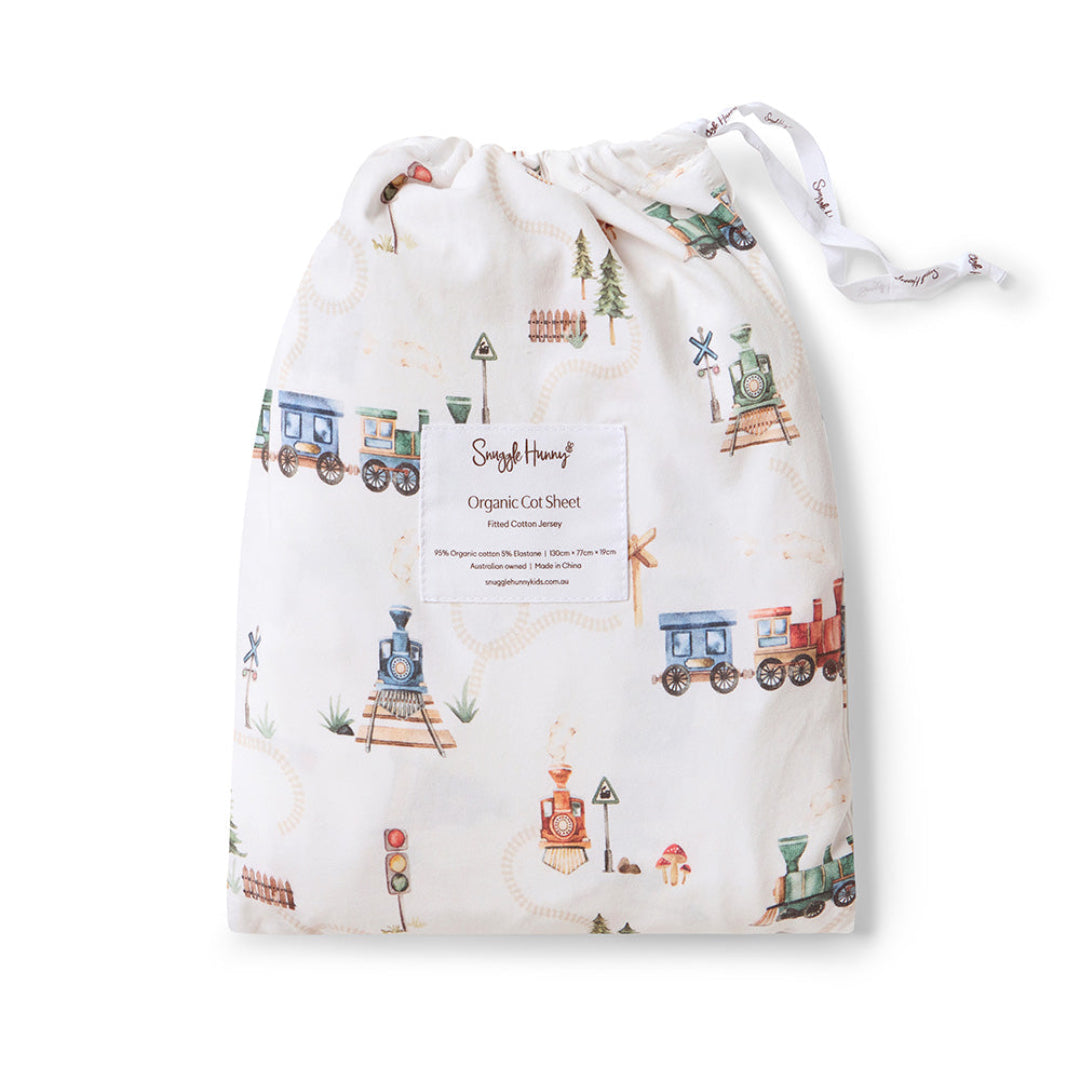 SNUGGLE HUNNY ORGANIC FITTED COT SHEET - TRAIN