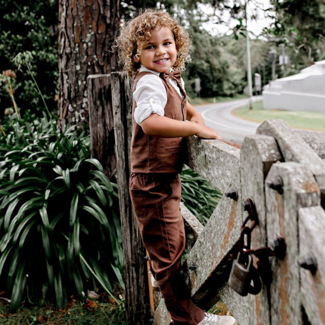 DESIGNER KIDZ BOYS FINLEY LINEN PANTS - CHOCOLATE