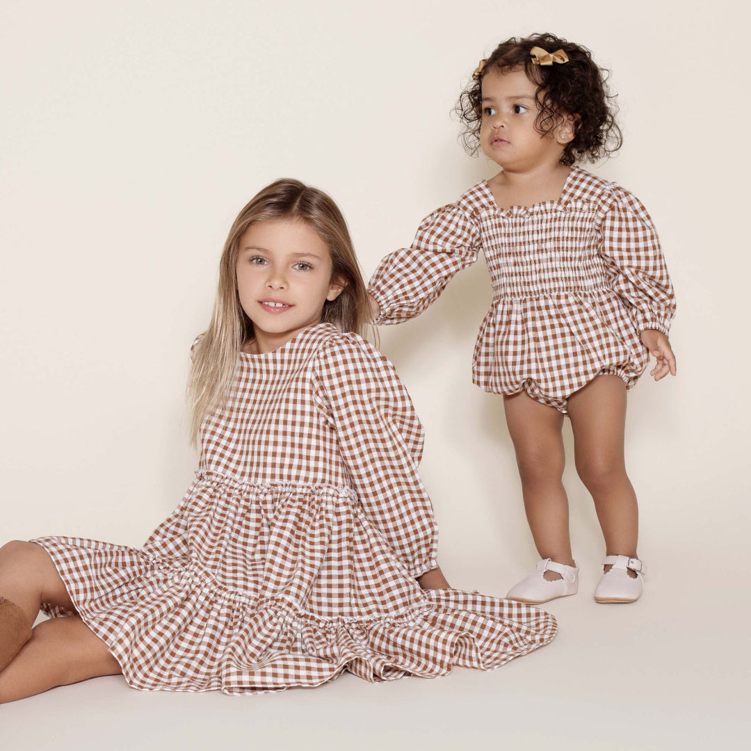 DESIGNER KIDZ GIGI GINGHAM L/S TIERED DRESS - COCO GINGHAM