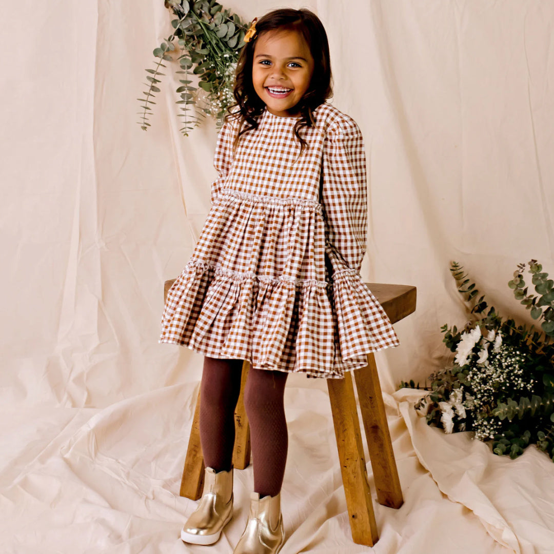 white christmas dresses DESIGNER KIDZ GIGI GINGHAM L/S TIERED DRESS - COCO GINGHAM