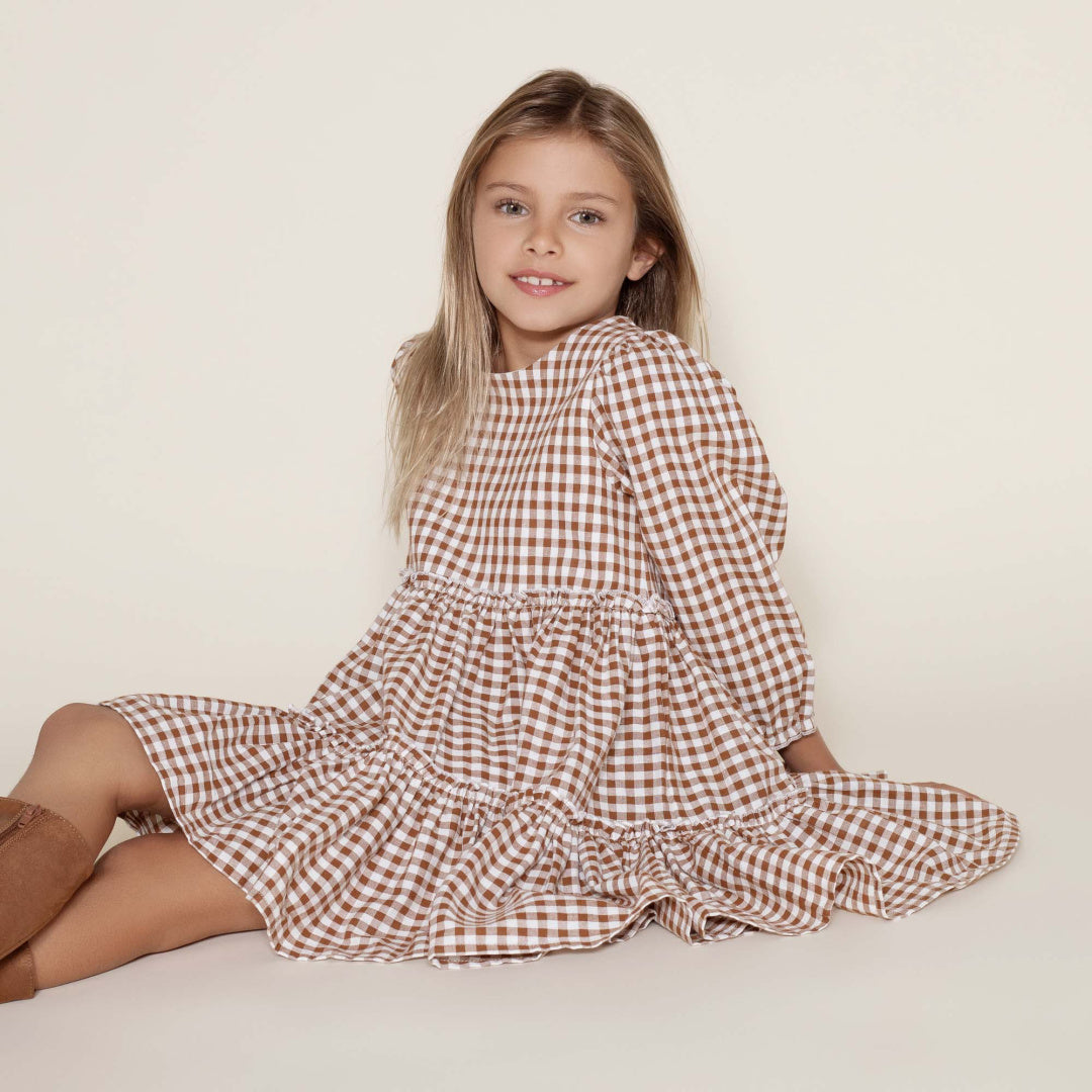 DESIGNER KIDZ GIGI GINGHAM L/S TIERED DRESS - COCO GINGHAM
