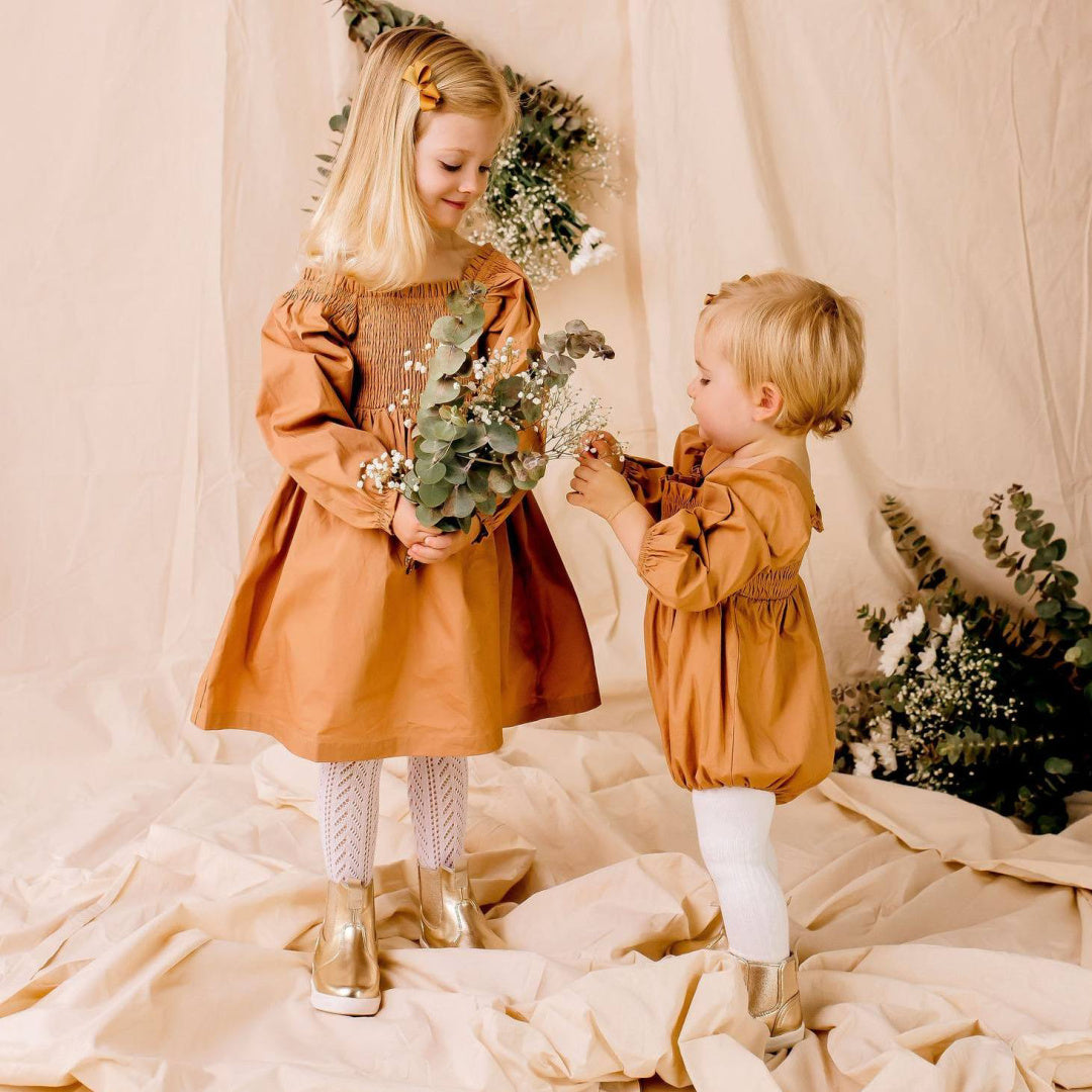 DESIGNER KIDZ LILY L/S PUFF SLEEVE DRESS - CARAMEL