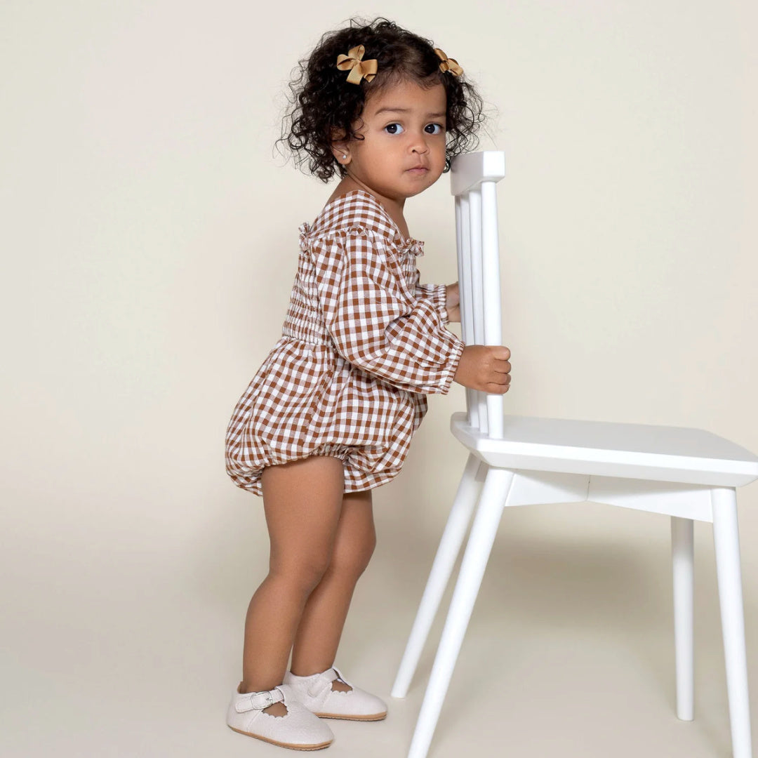 DESIGNER KIDZ LILY L/S PUFF SLEEVE ROMPER - COCOA GINGHAM