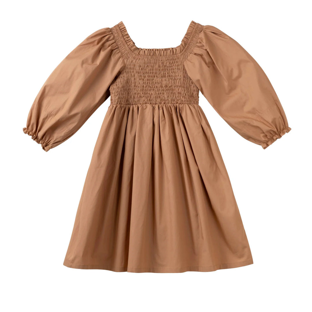 DESIGNER KIDZ LILY L/S PUFF SLEEVE DRESS - CARAMEL