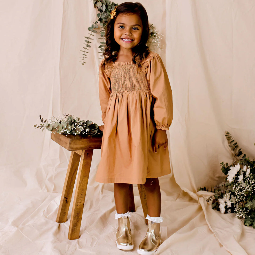 DESIGNER KIDZ LILY L/S PUFF SLEEVE DRESS - CARAMEL