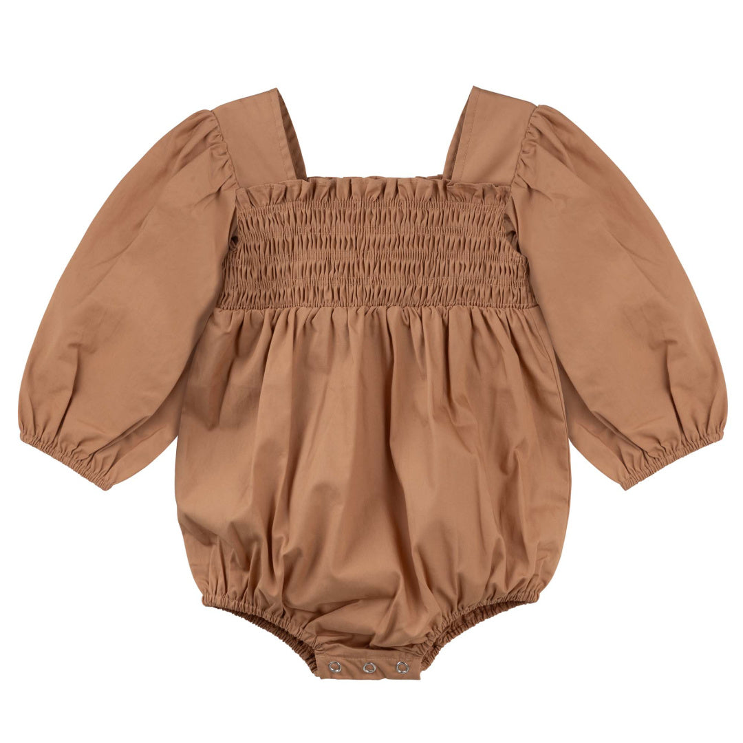 DESIGNER KIDZ LILY L/S PUFF SLEEVE ROMPER - CARAMEL