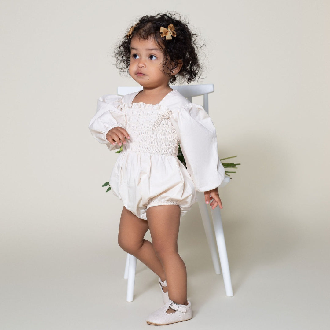 DESIGNER KIDZ LILY L/S PUFF SLEEVE ROMPER - ECRU