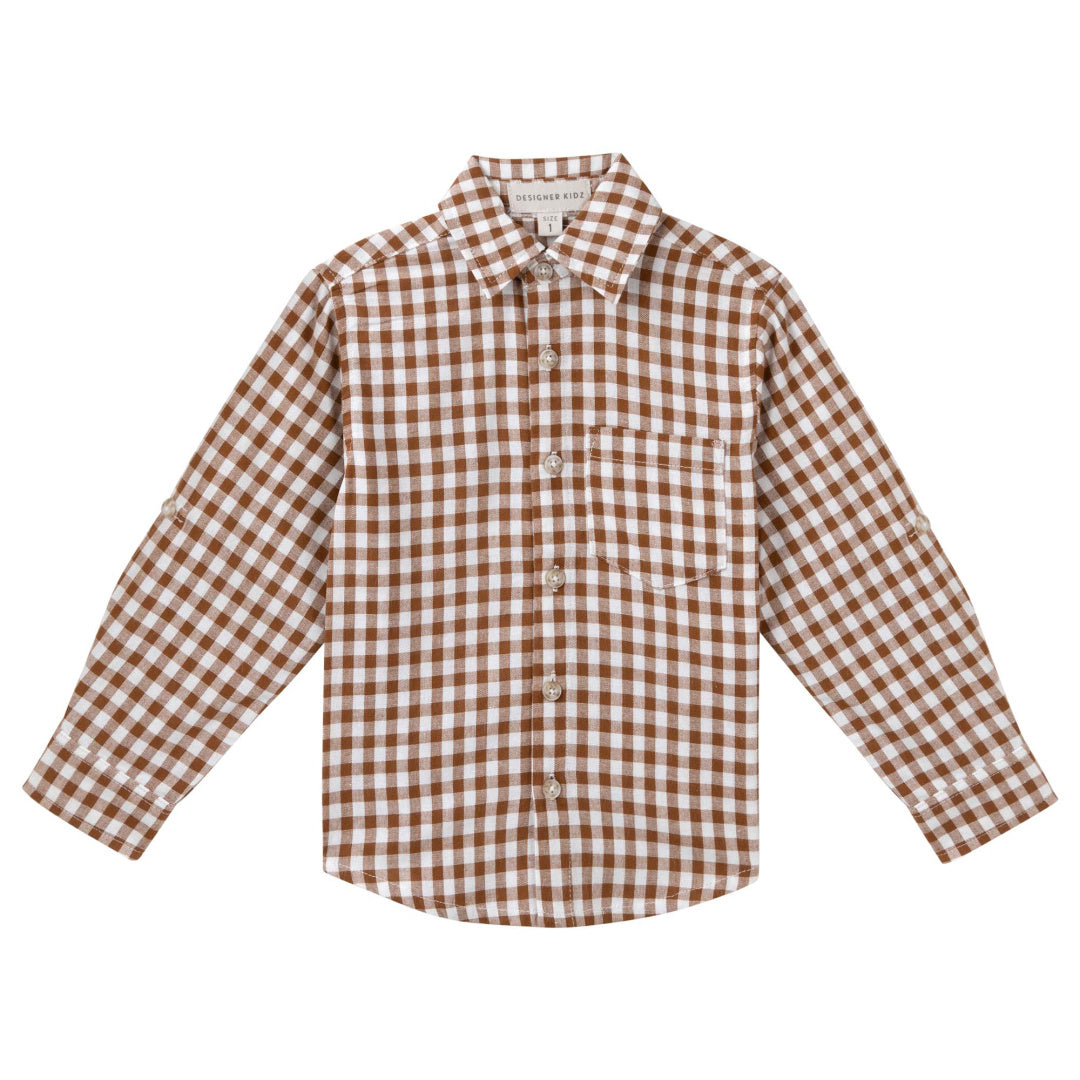 DESIGNER KIDZ BOYS OLIVER L/S GINGHAM SHIRT - COCOA