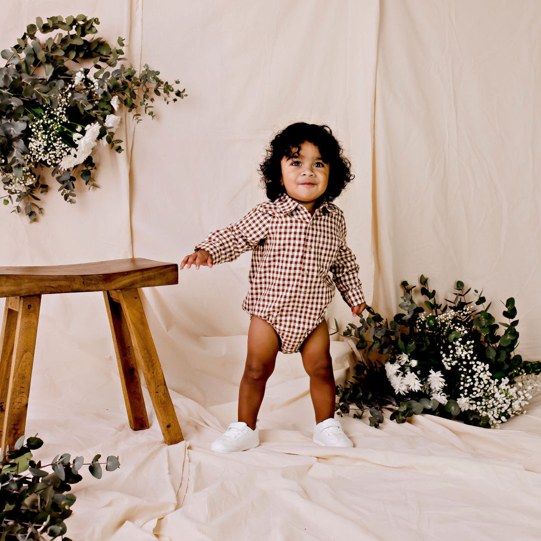 DESIGNER KIDZ OLIVER GINGHAM L/S ROMPER - COCOA