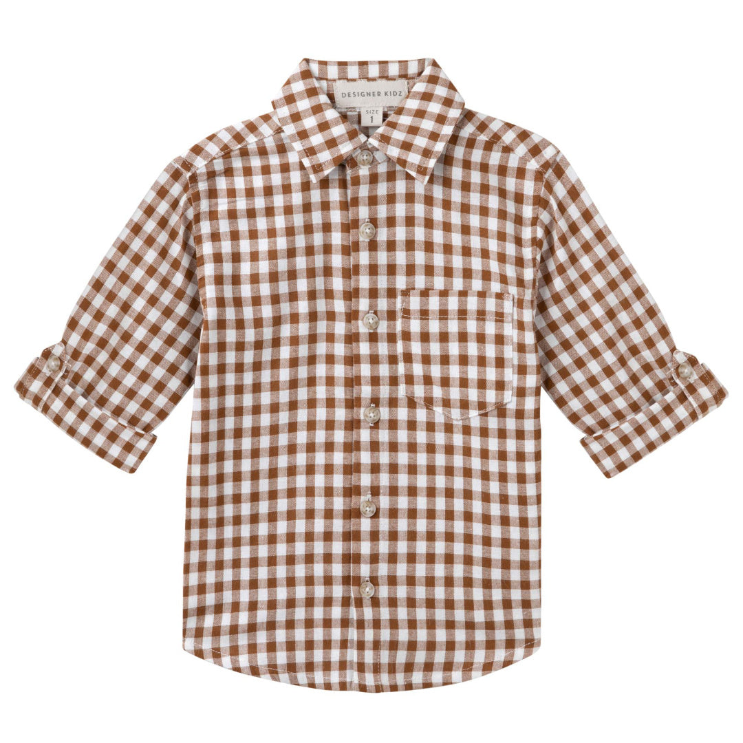 DESIGNER KIDZ BOYS OLIVER L/S GINGHAM SHIRT - COCOA