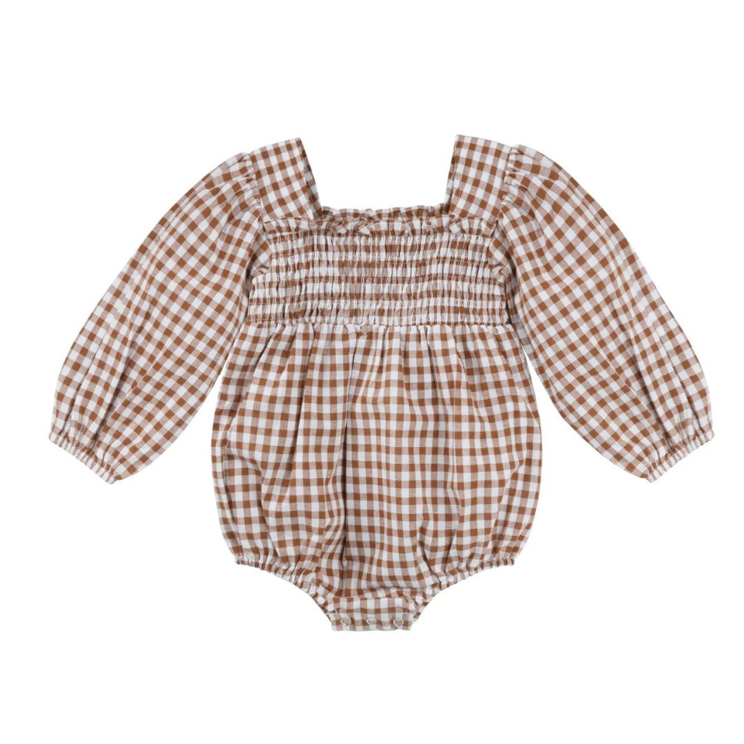 DESIGNER KIDZ LILY L/S PUFF SLEEVE ROMPER - COCOA GINGHAM