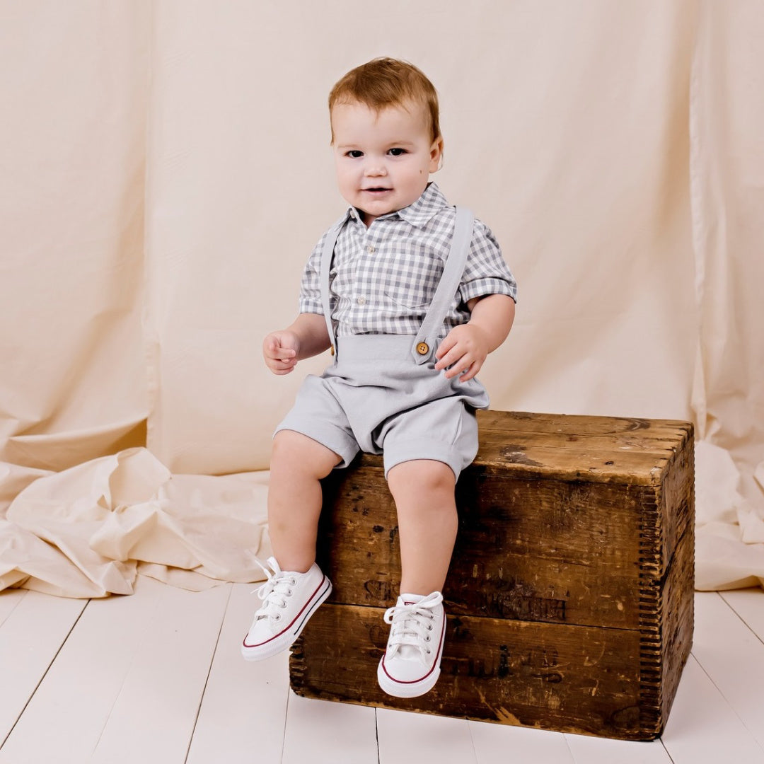 DESIGNER KIDZ OLIVER BLUE GINGHAM S/S ROMPER