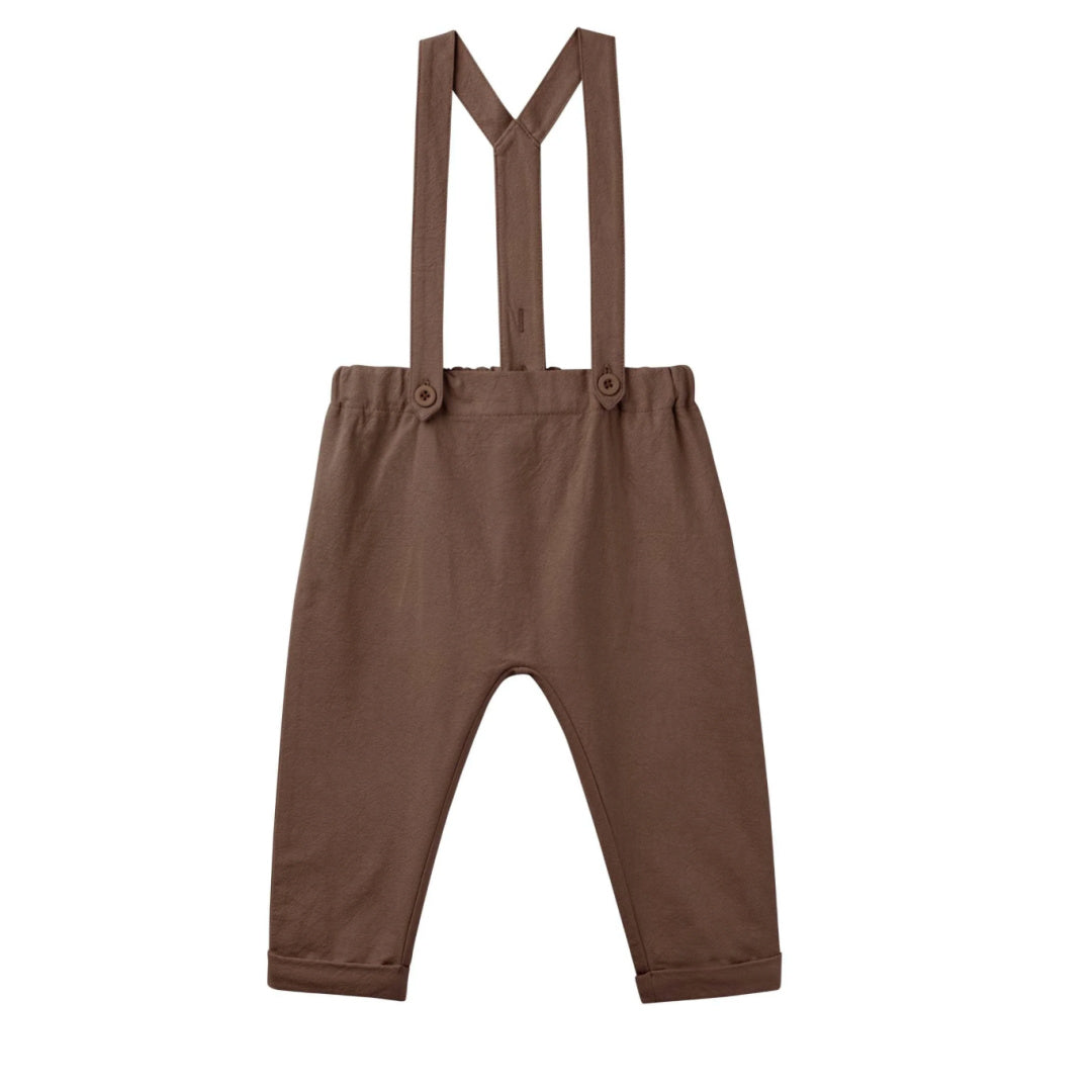 DESIGNER KIDZ BOYS FINLEY LINEN SUSPENDER PANTS - CHOCOLATE