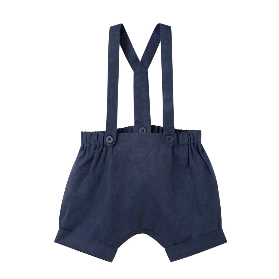 DESIGNER KIDZ BOYS FINLEY LINEN SUSPENDER SHORTS - NAVY