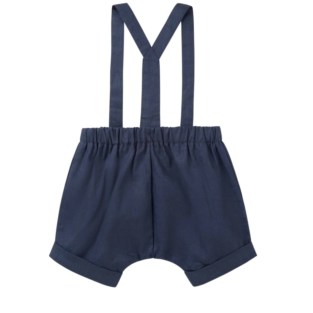 DESIGNER KIDZ BOYS FINLEY LINEN SUSPENDER SHORTS - NAVY