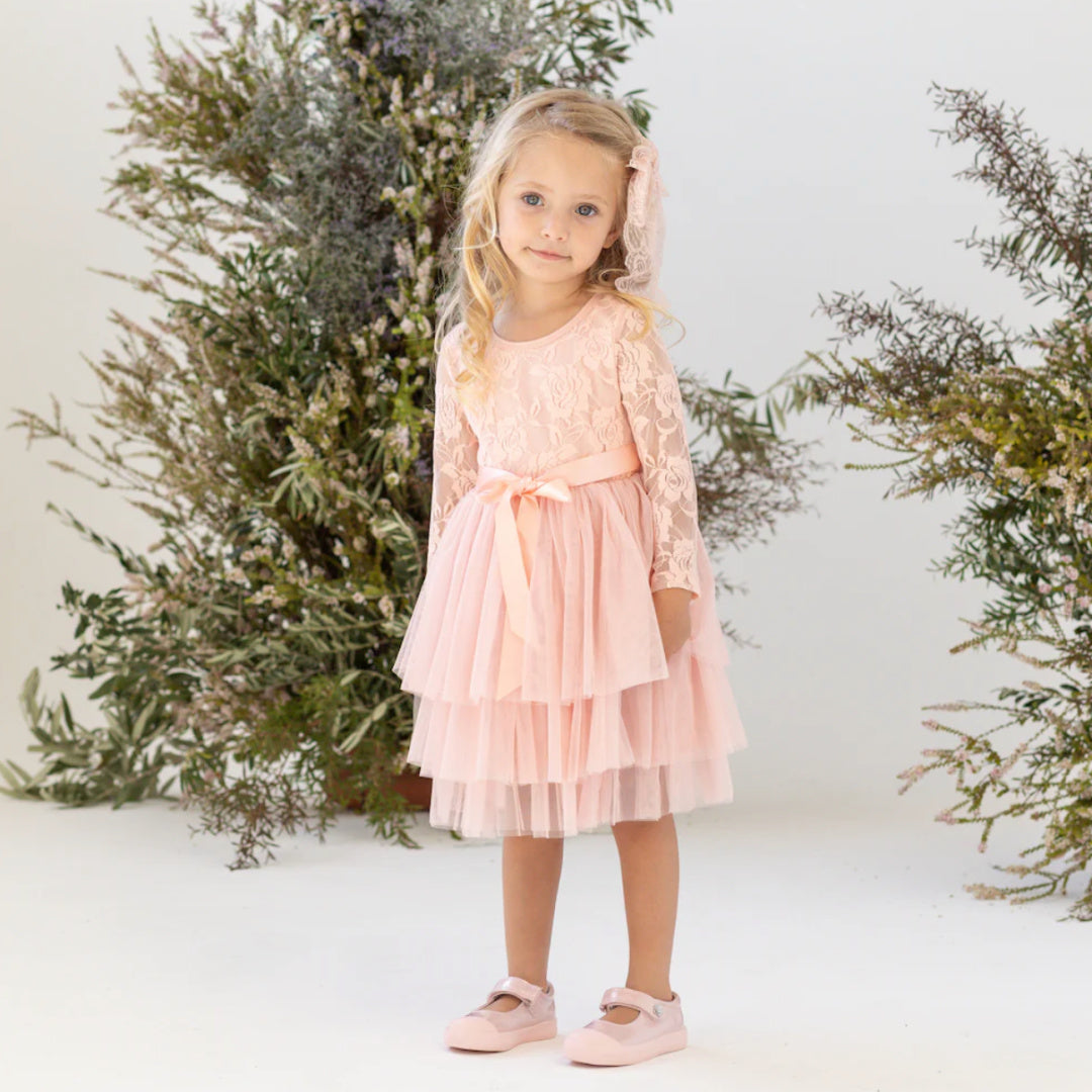 DESIGNER KIDZ MY FIRST LACE TUTU L/S DRESS - TEA ROSE