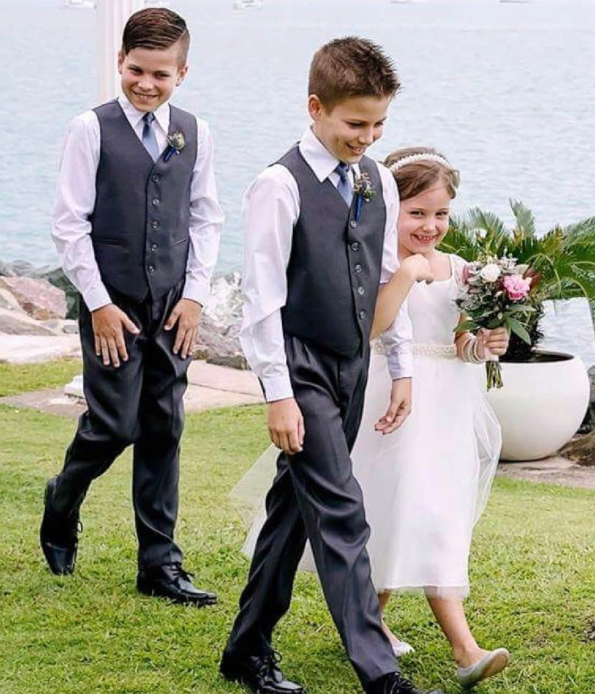 EXECUKIDS 4 PCE BOYS FORMAL VEST, PANTS, SHIRT &amp; TIE SET - CHARCOAL (PRE-ORDER)