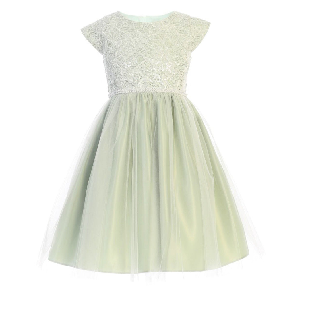 EXECUKIDS DRESS - EK851  SEQUIN LACE DRESS WITH SATIN AND PEARLS - SAGE (PRE-ORDER)