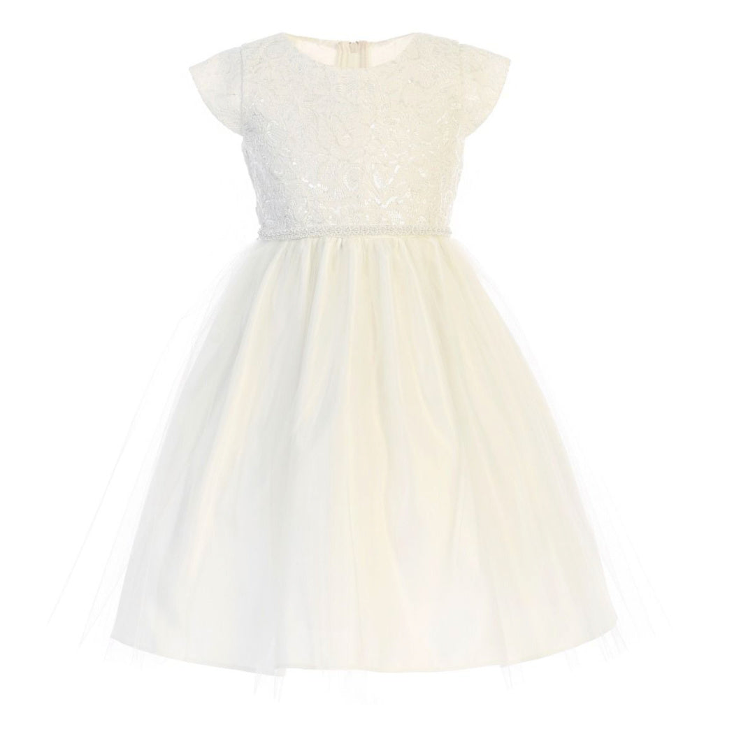EXECUKIDS DRESS - EK851  SEQUIN LACE DRESS WITH SATIN AND PEARLS - OFF WHITE (PRE-ORDER)