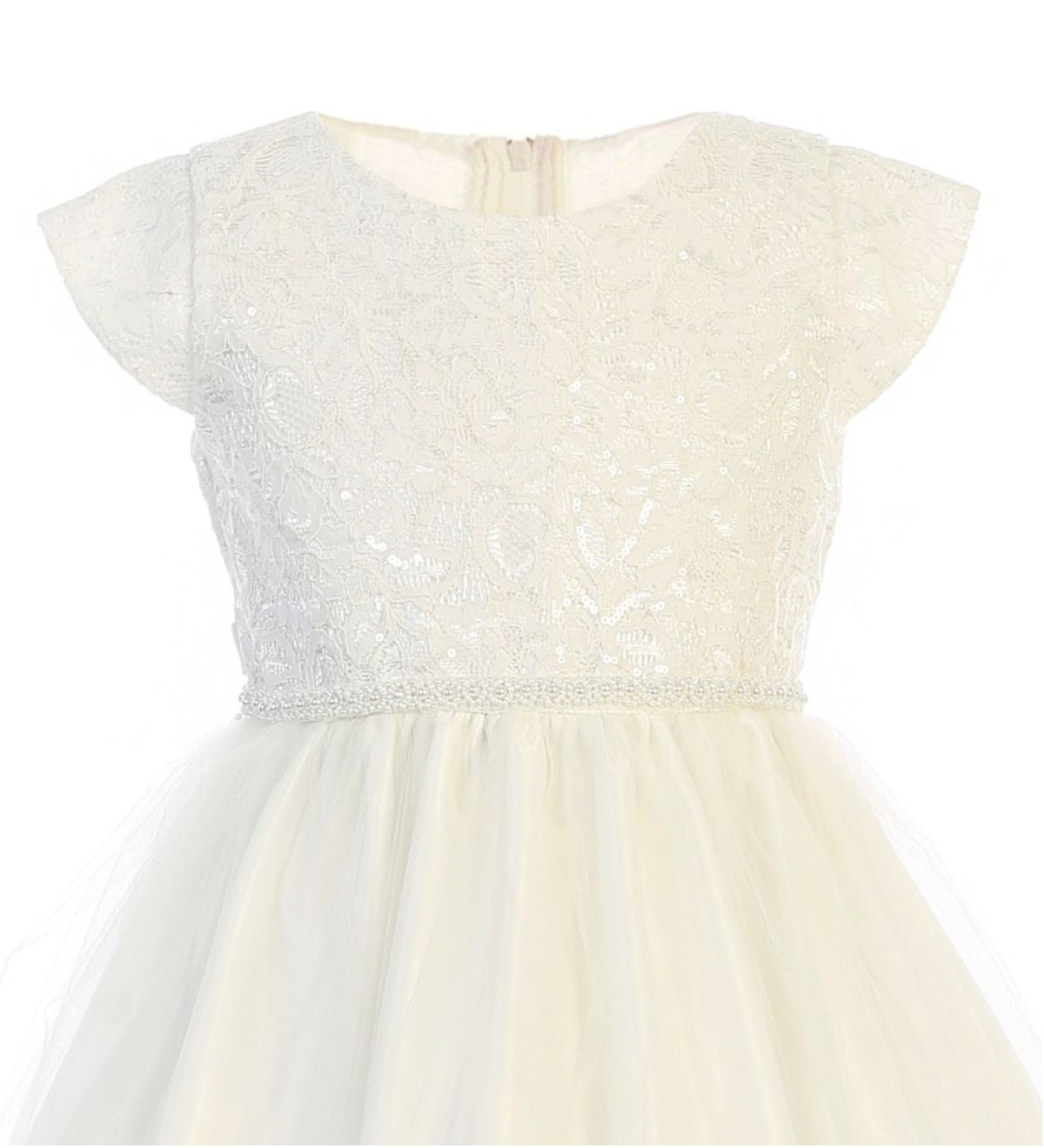 EXECUKIDS DRESS - EK851  SEQUIN LACE DRESS WITH SATIN AND PEARLS - OFF WHITE (PRE-ORDER)