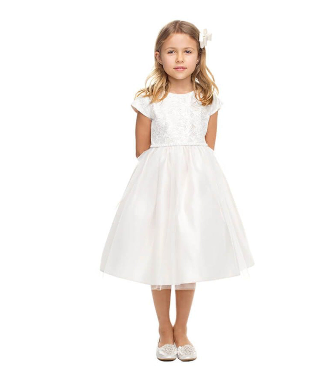 EXECUKIDS DRESS - EK851  SEQUIN LACE DRESS WITH SATIN AND PEARLS - OFF WHITE (PRE-ORDER)