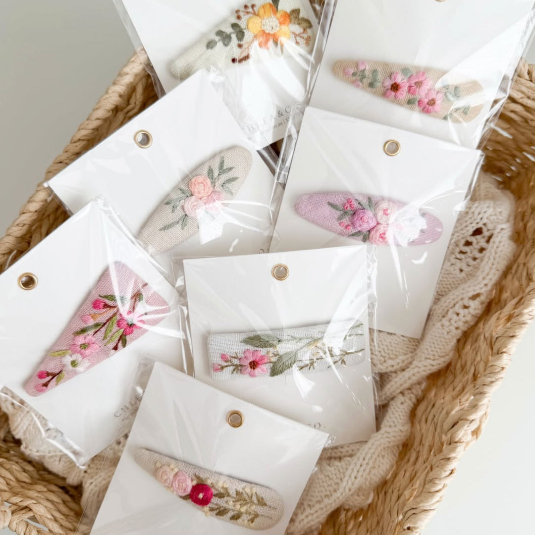 Chléa &amp; Co Embroidered Hair Clip |  Dainty Pink Flower